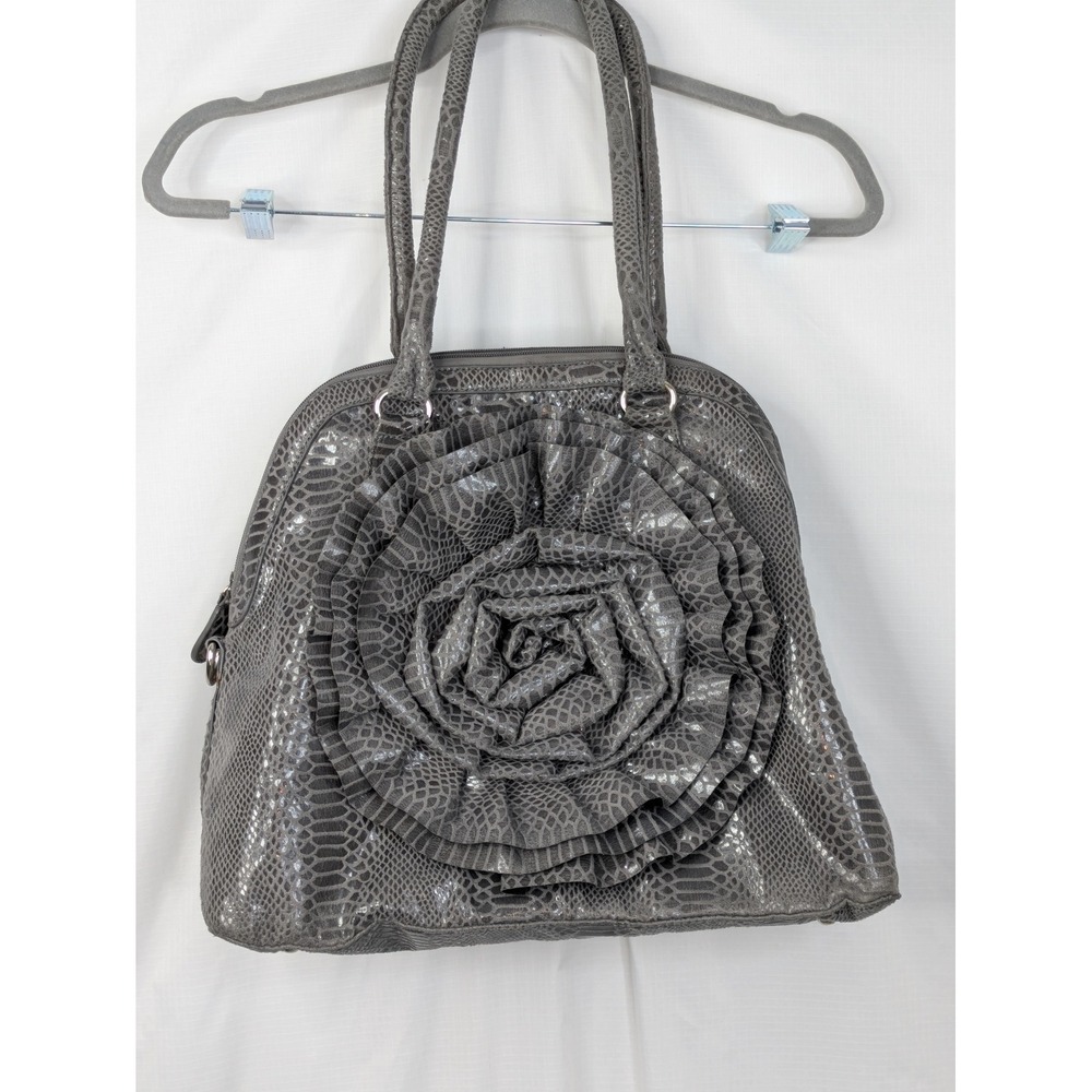 Gray Snakeskin Print Tote Handbag Large Floral Rosette Shoulder Bag 16"